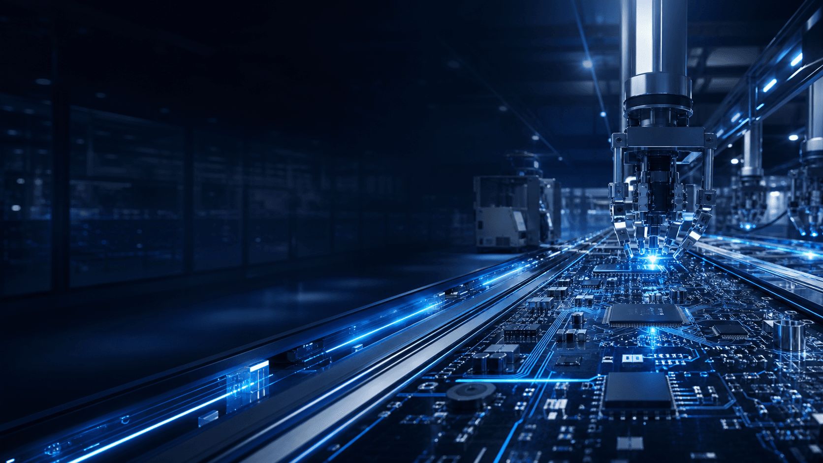 High-tech electronics factory with PCB circuits and automated manufacturing equipment